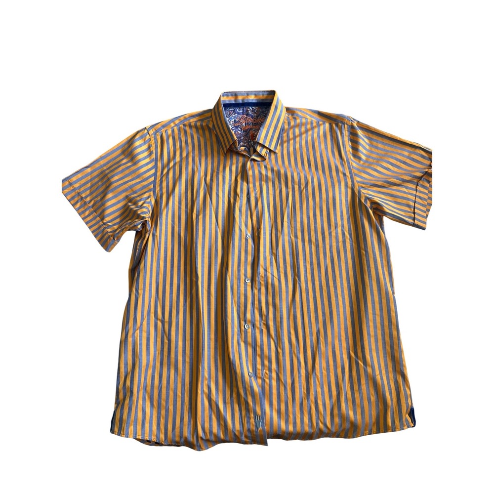 Luchiano Visconti Mens Orange Blue Striped Short Sleeve Button Down Shirt Large